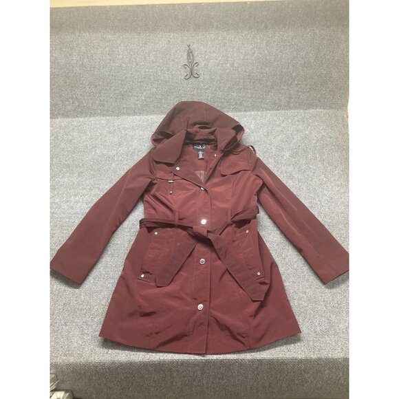 London Fog Trench Coat Women’s Size Small Burgundy Long Sleeve Removable Hood - Picture 1 of 11